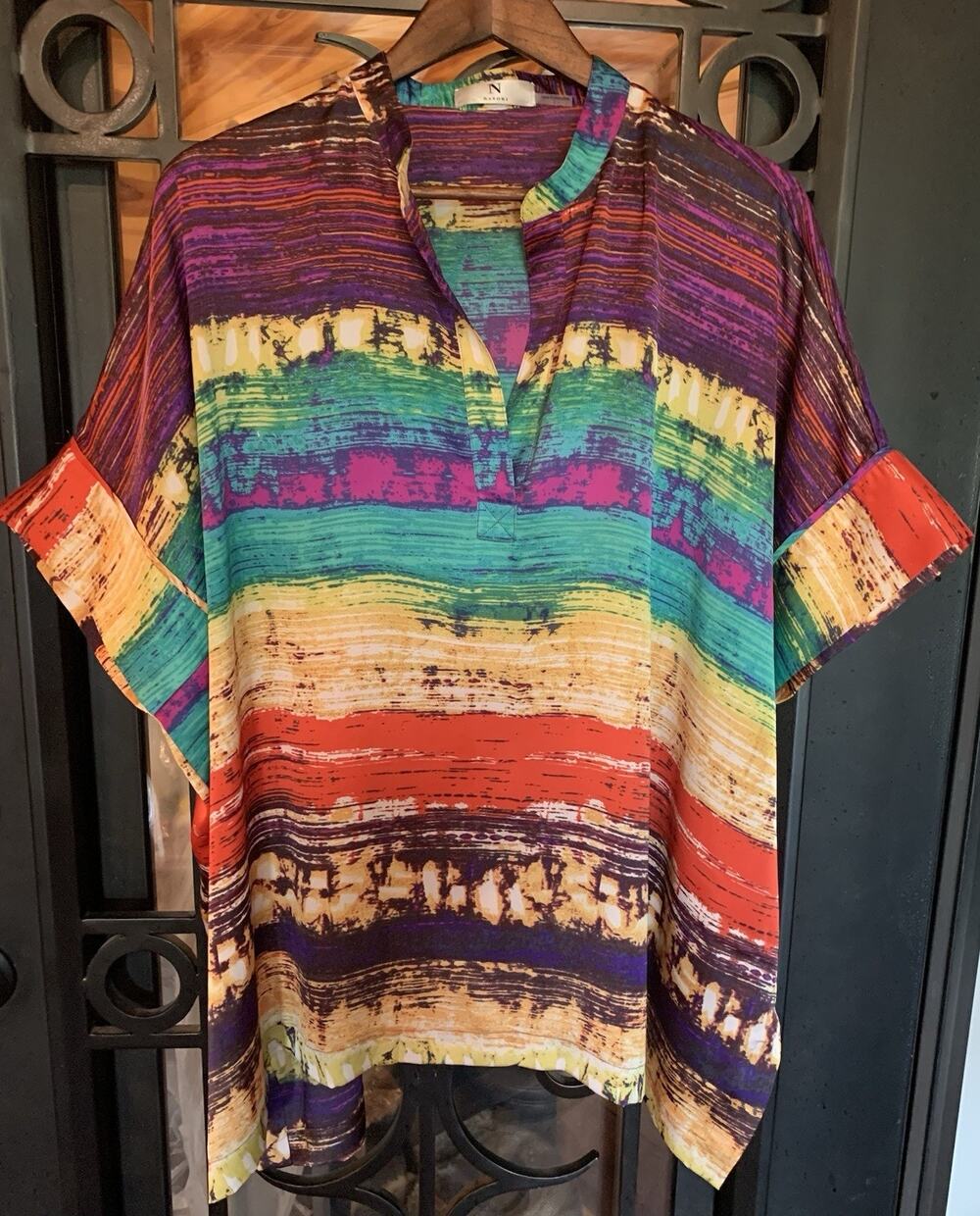 Natori Rainbow Stripe Poncho Top Blouse Colorful Kaftan Top Oversized